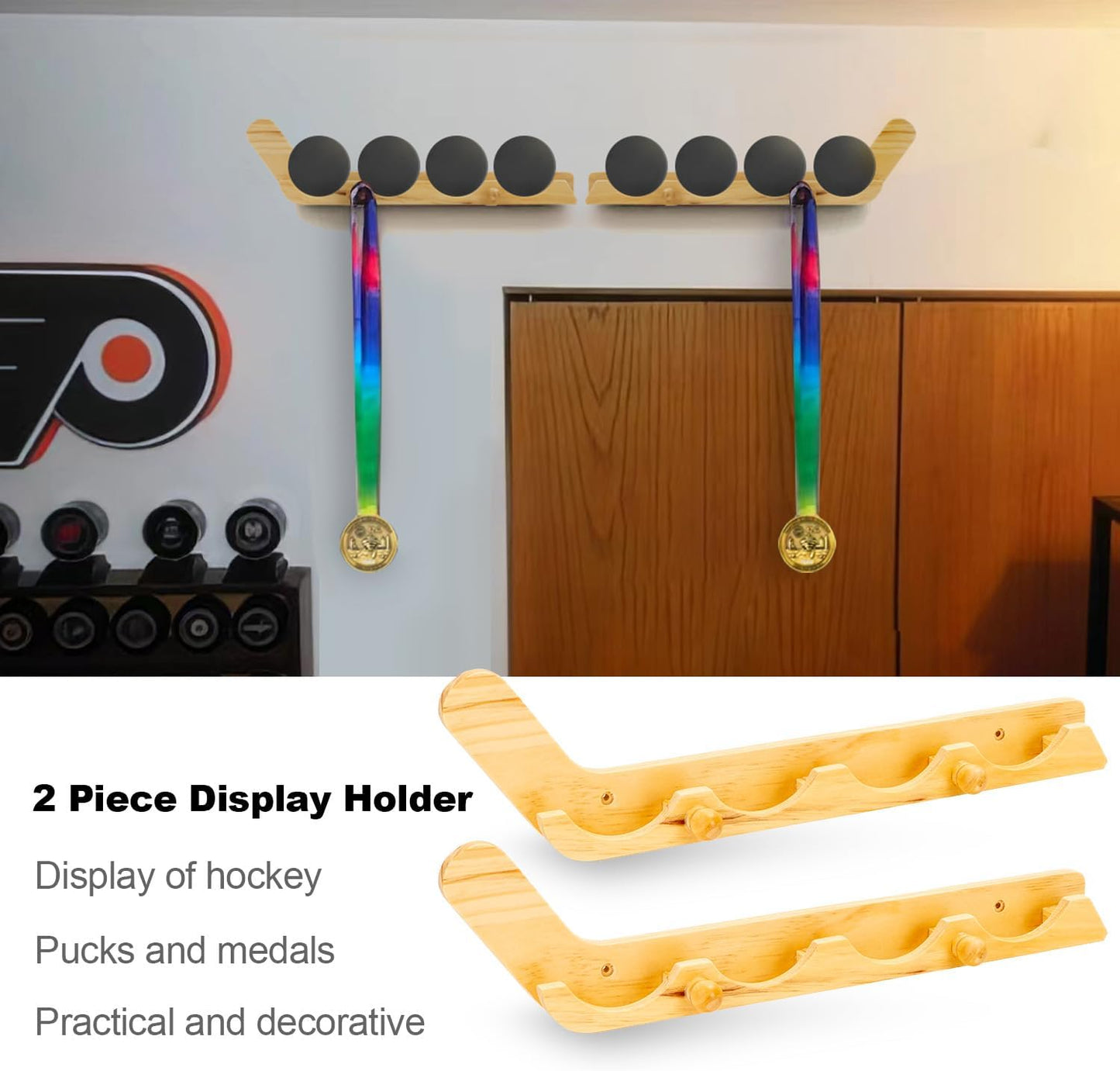 2 Pack Hockey Puck Display Cases for Father's Day Gifts, Wooden Wall Mount Holder with Hook - Hockey Puck Holder Living Room Stick Decor Accessory for Player Team Gift - burlywood