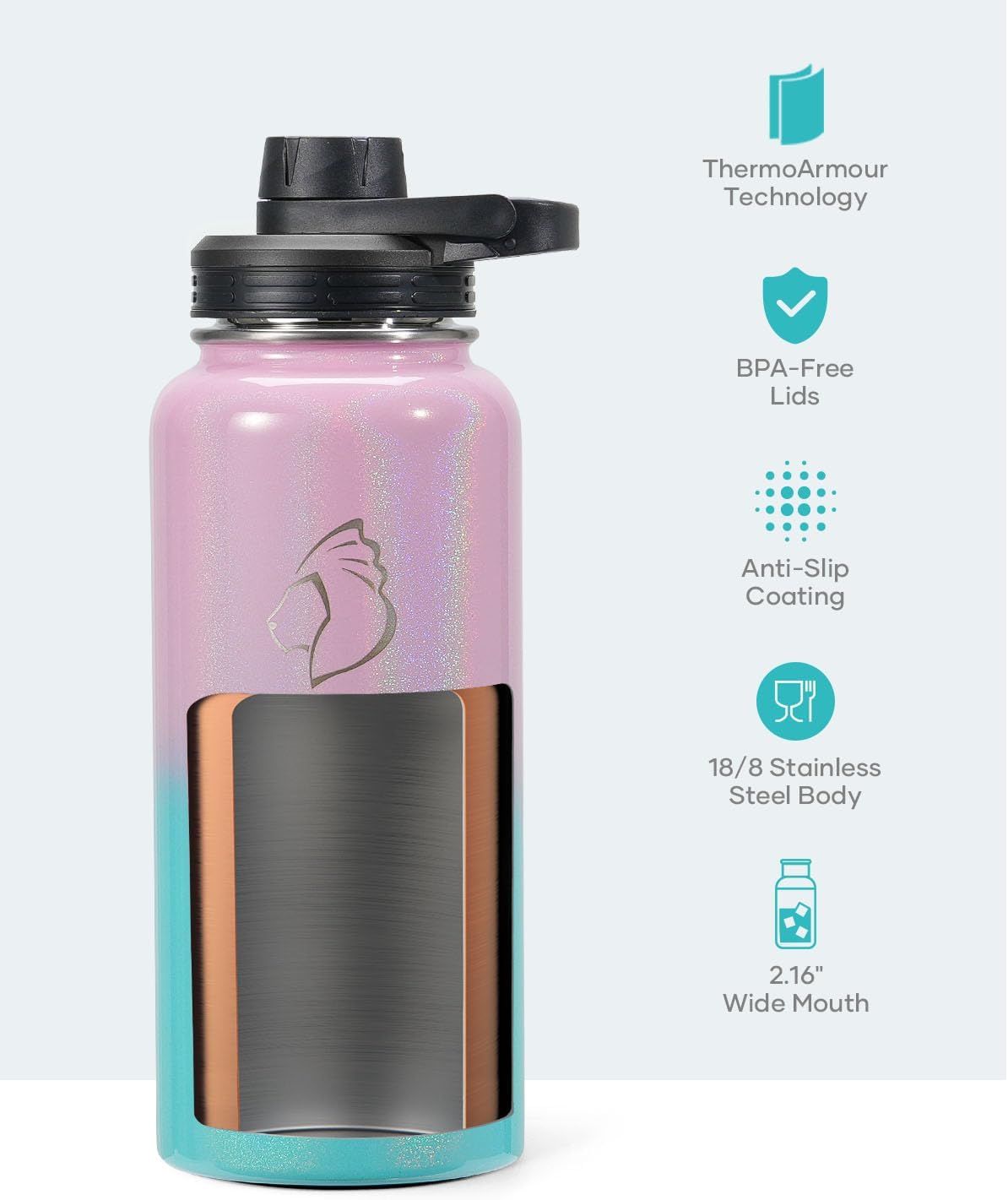 BUZIO 32 oz Water Bottle Insulated with Straw & 3 lid and Carrying Pouch, Leak Proof Anti-Slip Stainless Steel Water Flask Jug, Cold for 48 Hrs Double Vacuum Thermo Canteen, Pearlescent Pink Blue