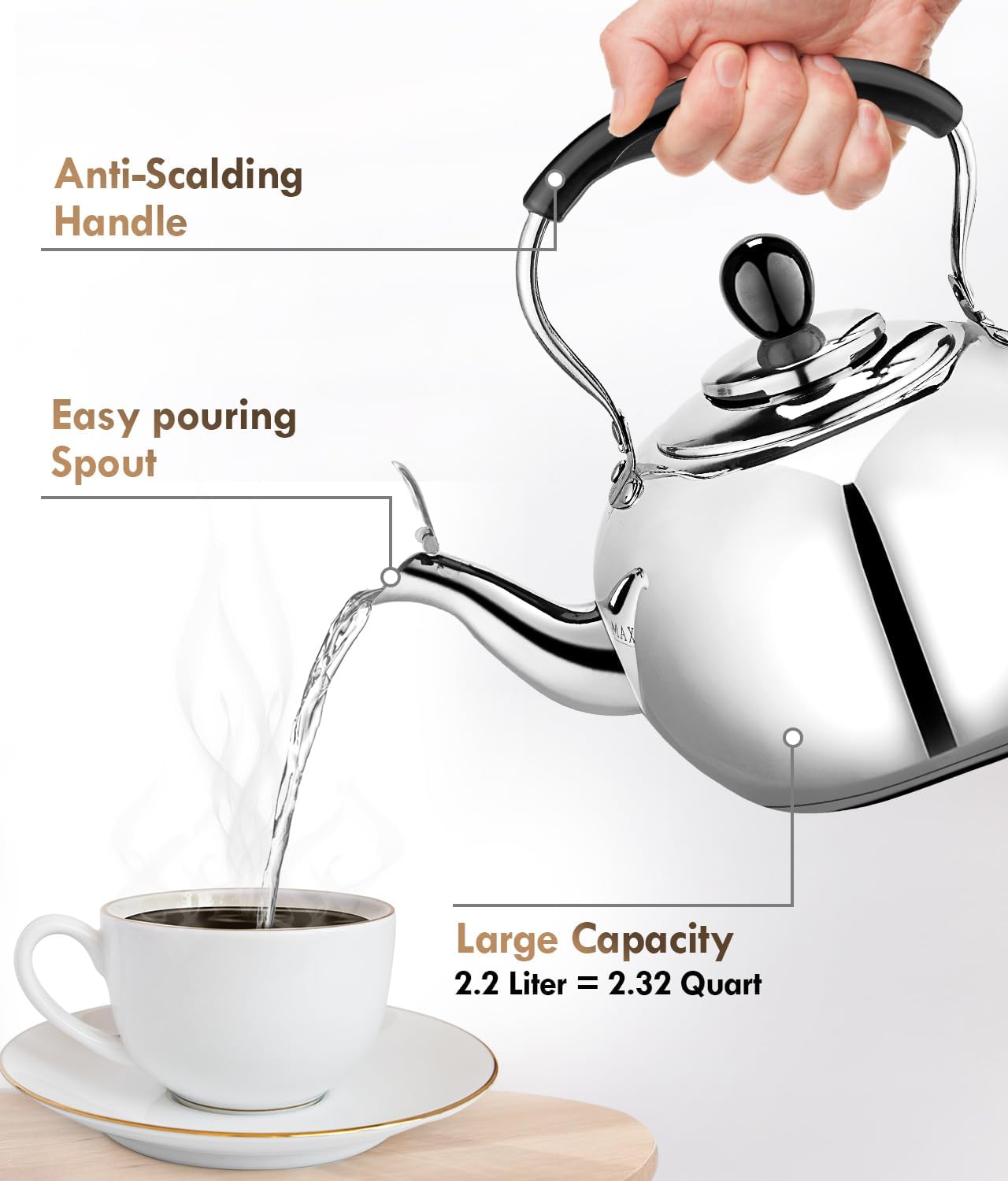 Whistling Tea Kettle Stovetop - 2.3 Quart Round Tea Pot for Stovetop, Silver Mirror Polished Classic Stovetop Kettle, Food Grade Material Teapot for Stove Top