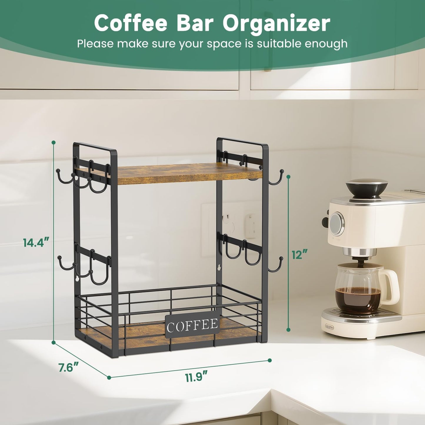 EsLuker.ly Coffee Mug Cup Holder Tree Bar Station Organizer, 2 Tier Mug Stand Rack for Countertop Kitchen, Storage Tower Display Shelf with 12 Hooks, Coffee Nook Enhancer