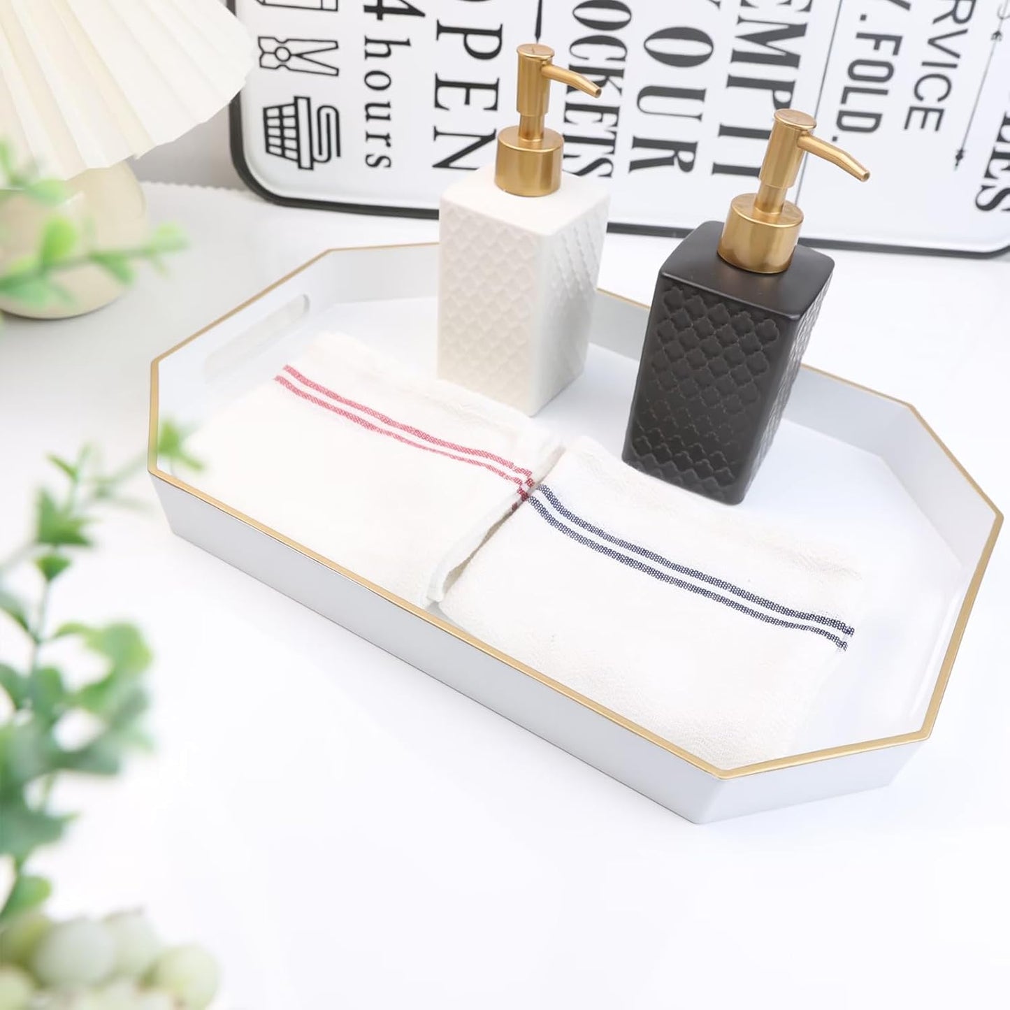 White Decorative Tray with Handles, Octagon Versatile Serving Tray for Coffee Table, Ottoman, Ideal for Serving, Displaying, Organizing