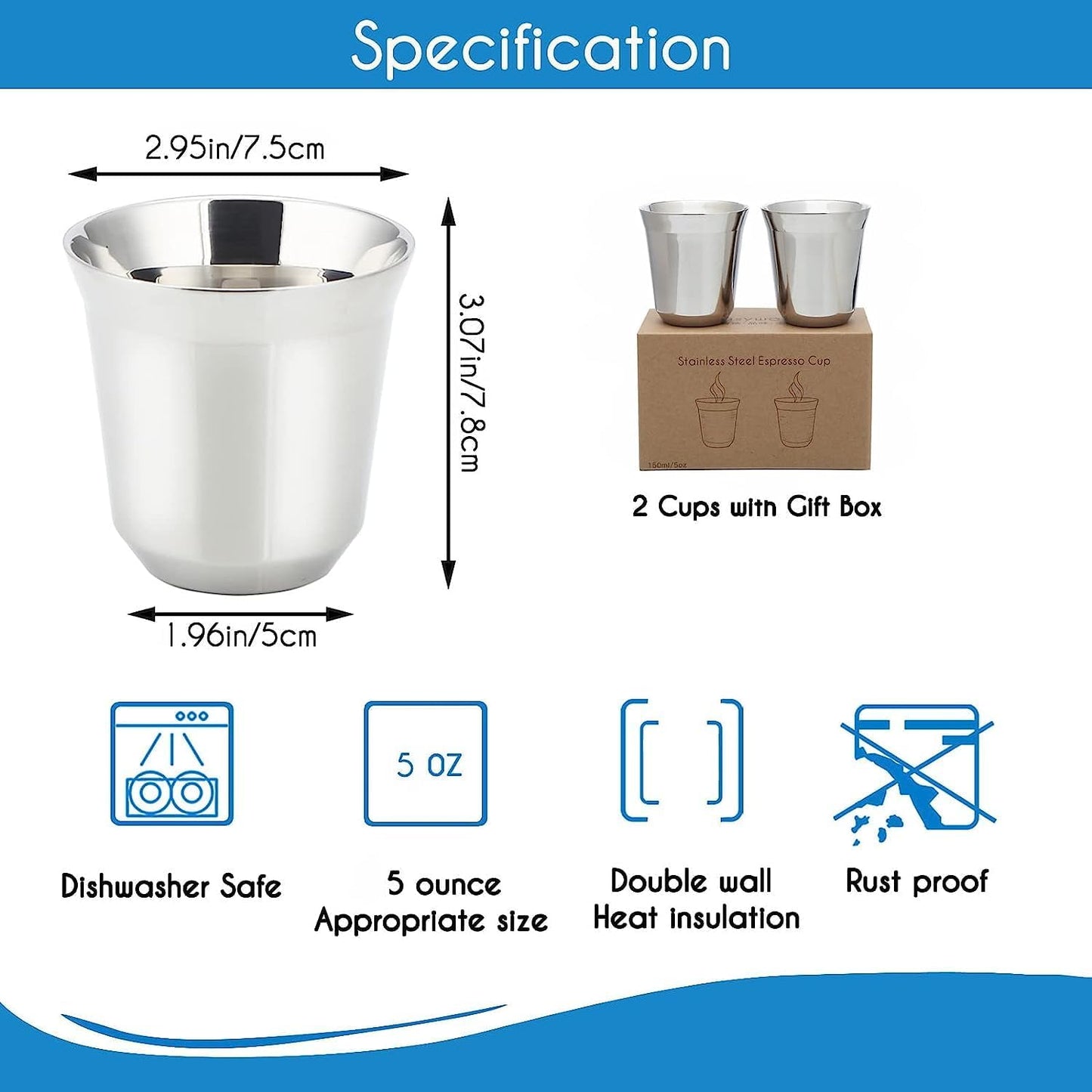 Easyworkz Stainless Steel Espresso Cup 2pcs Set Double Wall Insulated Metal Demitasse Cups 2.5 oz