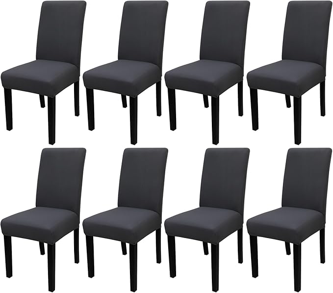 JQinHome Dining Room Chair Covers Set of 8, High Stretch Chair Slipcover Removable Washable Chair Seat Protector Cover for Home Party Hotel Wedding Ceremony (Grey)