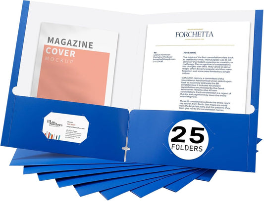 Zzrywuty File Folders with Pockets Letter Size, 25-Pack Paper Folders with Card Slot, Two Pocket Folders for School Students, Businessmen, Home and Office Workers（Blue）