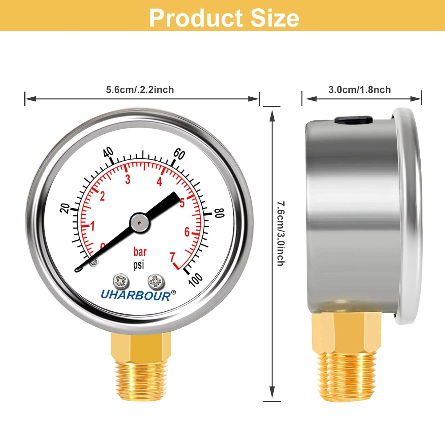 Lead-Free Pressure Gauge 1/4 NPT 0-100 Psi 2" Dial Stainless Steel Case, 1/4 NPT Lower Mount Pressure Gauge