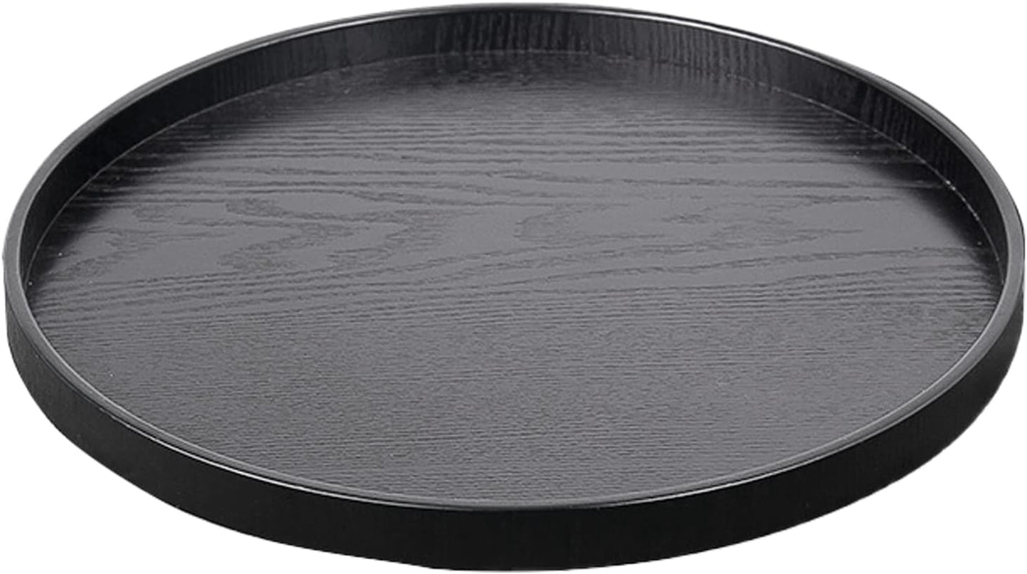 Round Solid Wood Serving Tray Extra Large Tea Coffee Snack Food Meals Serving Plate Non-Slip Kitchen Party Bar Server Ottoman Tray Breakfast Tray with Raised Edges (13inch/33cm) Black