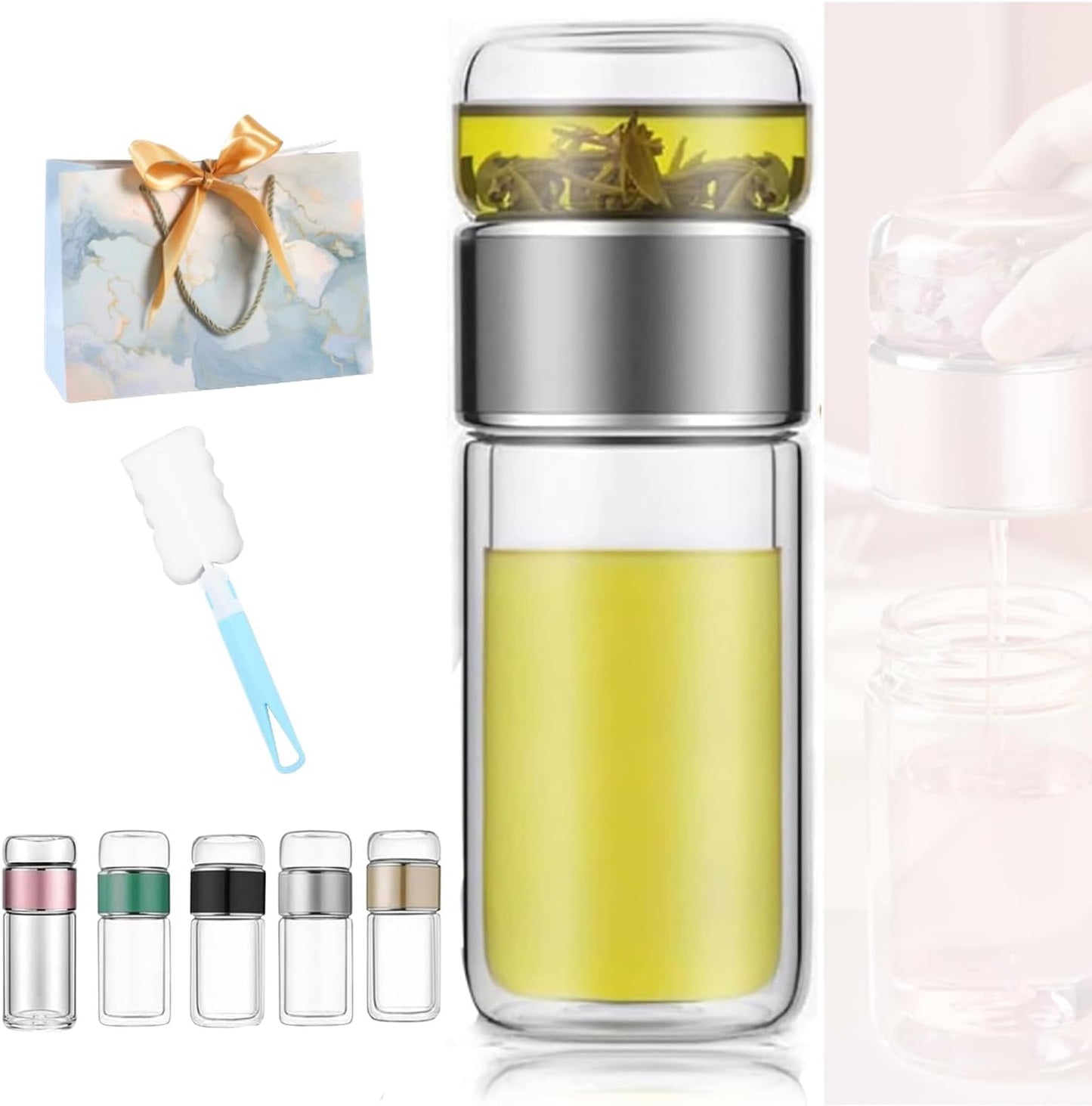 Tryteava Glass Infuser, Tryteava 3-in-1 Smart Tea Infuser, Portable Glass Double Wall Tea Infusers Bottle, with Stainless Steel Filter, Hot & Cold Brew, For Loose Leaf, Office Home (Silver, 280ml)