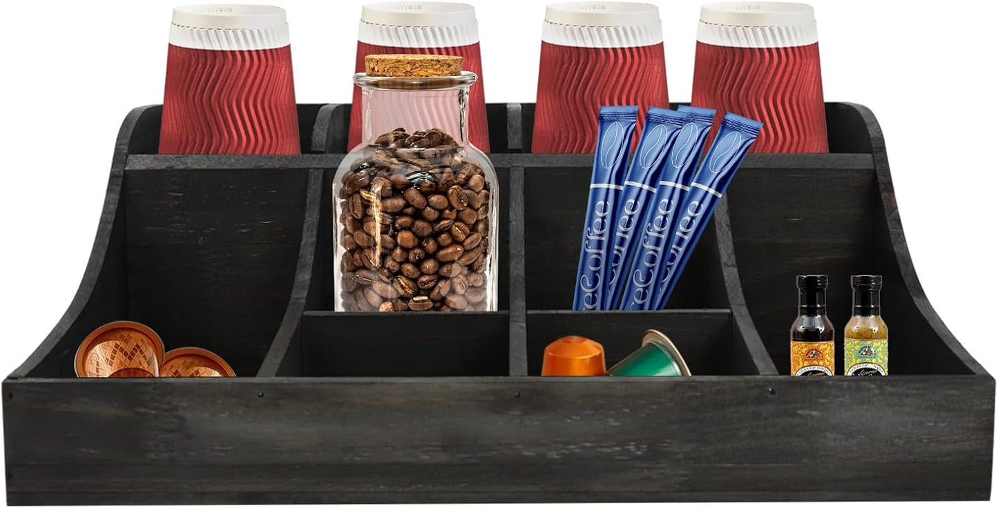 Coffee Bar Organizer for Countertop, Wooden Condiment Organizer Coffee Station Organizer Coffee Cup Syrup Pod Holder, Coffee Bar Organizer for Home Office Cafe, 9 Compartment, Black