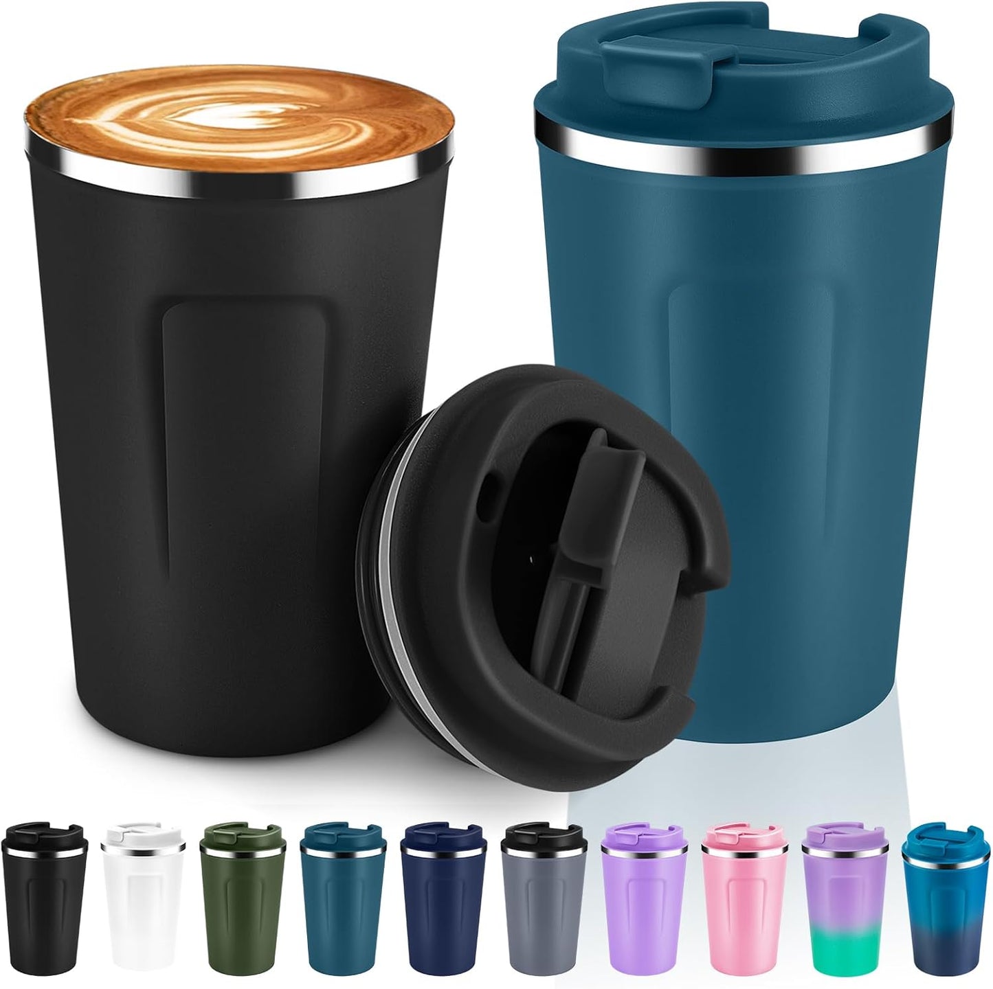 Volhoply 12 oz Double Wall Insulated Vacuum Travel Coffee Mug with Flip Lid Bulk 2 Pack,Reusable Stainless Steel Leak Proof Coffee Cup,Portable Thermal Tumbler for Cold&Hot Drinks(Assort Color,2 Set)