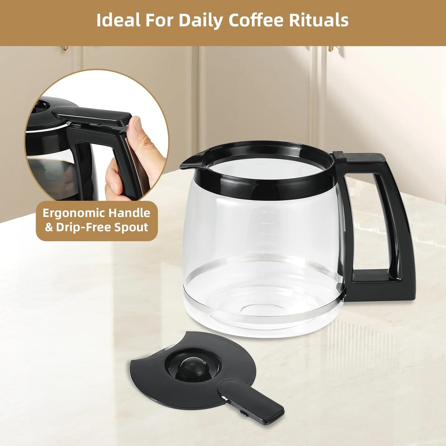 14-Cup Glass Coffee Carafe Replacement Compatible with Cuisinart Models DCC-3200P1, DCC- 3200, DCC-2200RC, Coffee Pot Replacement 14 Cup with Ergonomic Handle and Dripless Spout