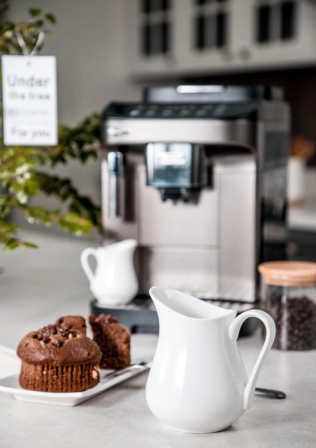 Nucookery 2 Pack 8 Oz White Creamer with Handle, Ceramic Small Creamer Pitcher Set of 2, Porcelain Small Milk Pitcher For Coffee Sauces Salad Milk, Microwave & Freezer Safe (8-Ounce, Set/2)