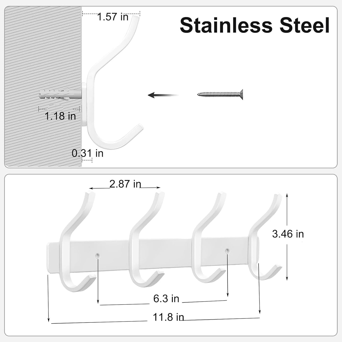 White Wall Hooks Heavy Duty, 12 Inch Coat Hooks Wall Mount with 4 Hooks, Wall Hooks Hangers for Entryway, Bathroom - for Hanging Backpack, Bag, Coat, Purse, Hat, Towel, Clothes