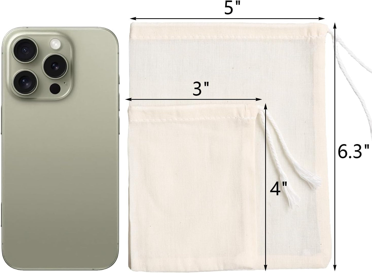 Eketirry Spice Bags, 10pcs Reusable Empty Tea Bags, Muslin Strainer Bags, Soup Bags for Cooking, Natural Cotton Fine Mesh Cheesecloth Bags for Cold Brew Coffee(3 x4" &5 x6.3")