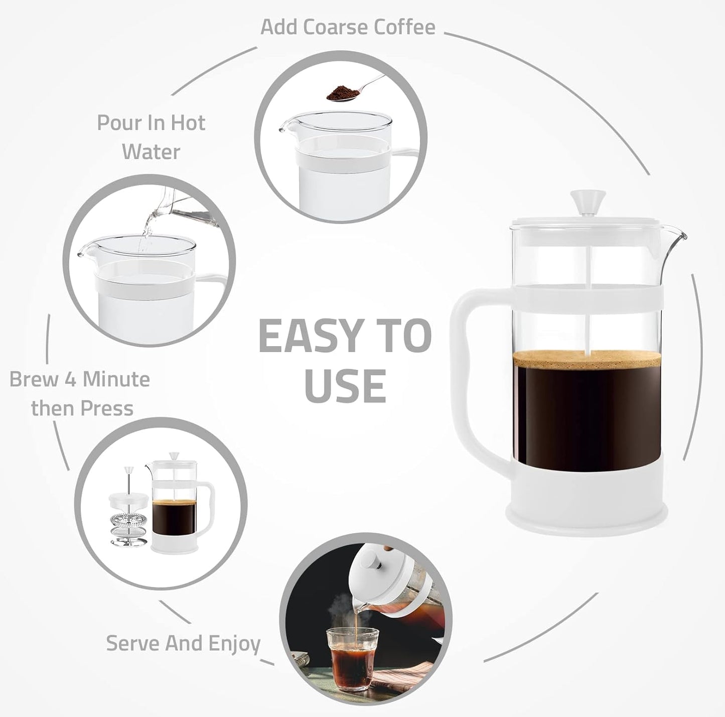 Utopia Kitchen French Press Espresso and Tea Maker with Triple Filters, Stainless Steel Plunger and Heat Resistant Borosilicate Glass (White, 34-oz (Pack of 1))