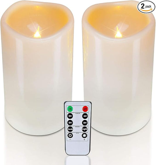 Homemory 4" x 6" Large Waterproof Outdoor Flameless Candles, Battery Operated Flickering LED Pillar Candles with Remote and Timers for Indoor Outdoor Lanterns, Long Lasting, Dark Ivory, Set of 2