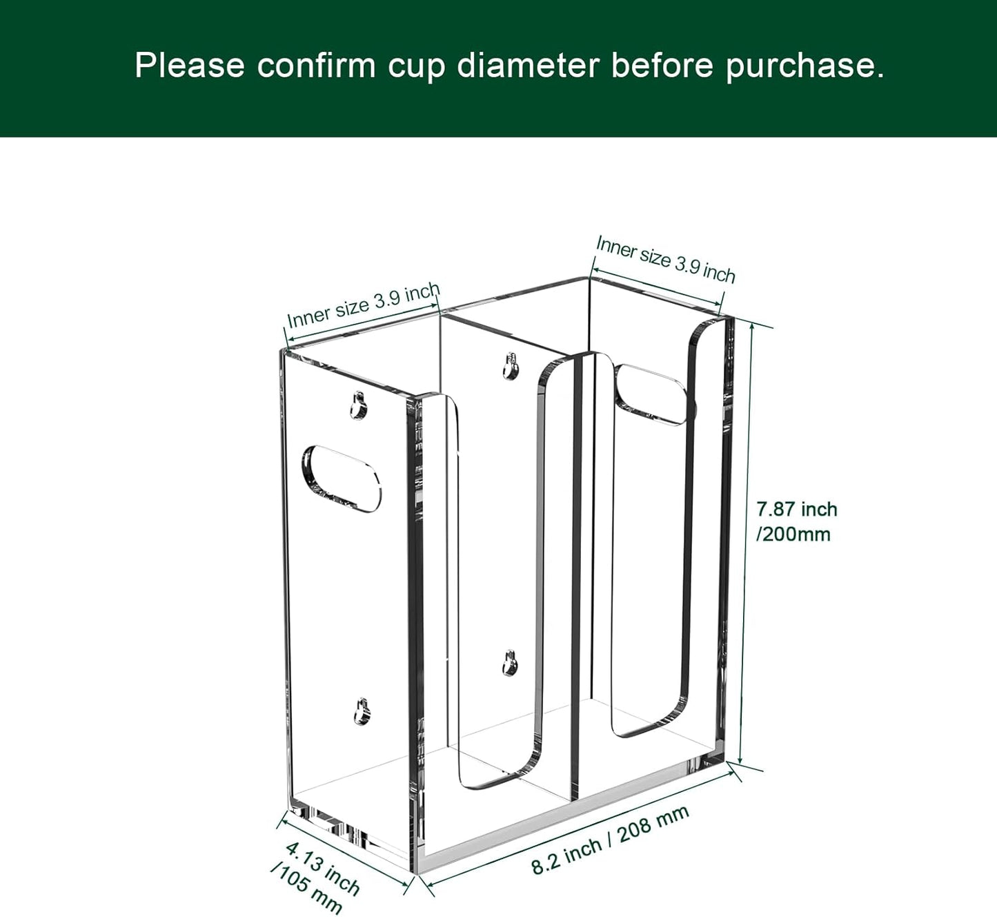 Disposable Coffee Cup Dispenser with Handles, Countertop or Wall Mount Hot/Cold Drink Cup and Lid Holder - Bathroom/Kitchen/Office Acrylic Cup Lid Storage Organizer (2 Compartments, Clear)
