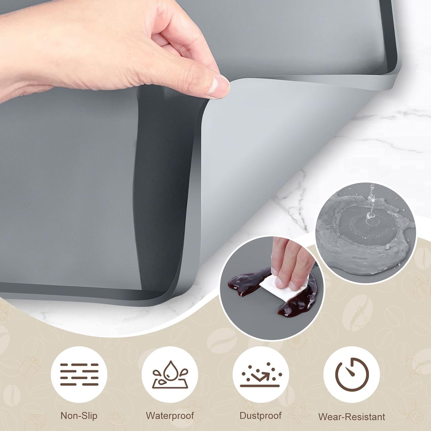 24''x16'' Silicone Coffee Mat with 6PCS Coasters,Counter Bar Mat with Detachable Dish Drying Mat for Kitchen Countertops,Coffee Bar Accessories (Grey, 24 x 16 inches)