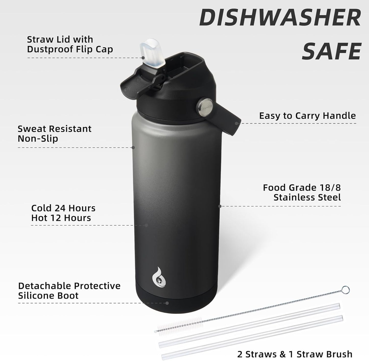 BJPKPK Water Bottle with Straw Lid, 24oz Vacuum Insulated Water Bottles, Metal Stainless Steel Thermos for Sports, Travel, BPA Free Leak Proof Thermos, Cups, Flasks, Tumblers,Black Grey