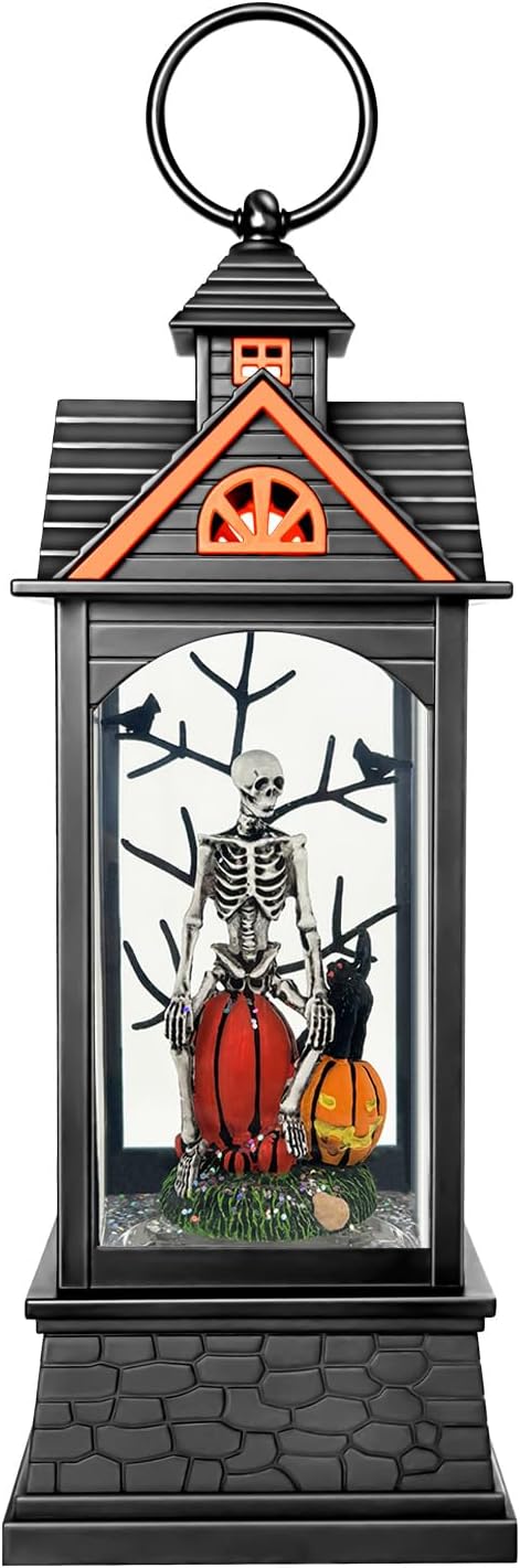 Halloween Snow Globe Lantern, Spooky Ghost Halloween Decor, Plug-in & Battery Operated Snow Globes for Halloween Decorations Indoor