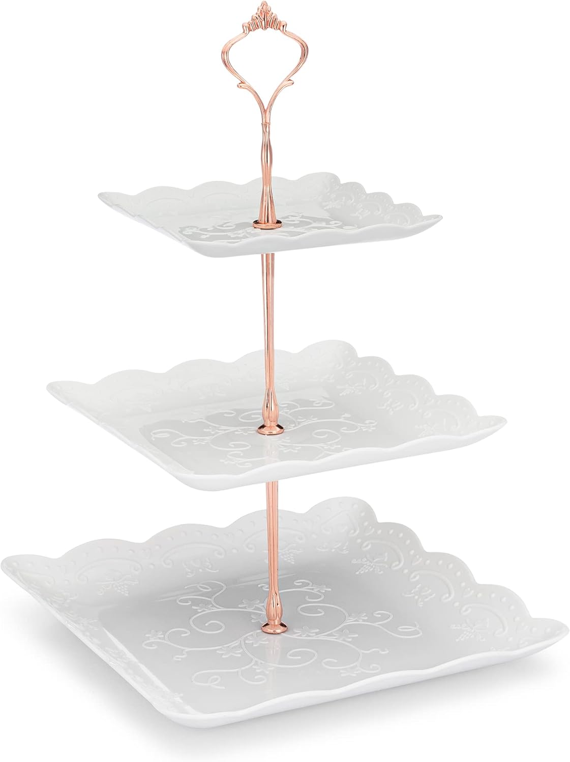 3 Tier Cupcake Stand - Dessert Table Display Set, Tiered Serving Cake Tray, White Embossed Dessert Stand, Parties Serving Plate, Decorative Centerpiece to Any Occasion - (Square)