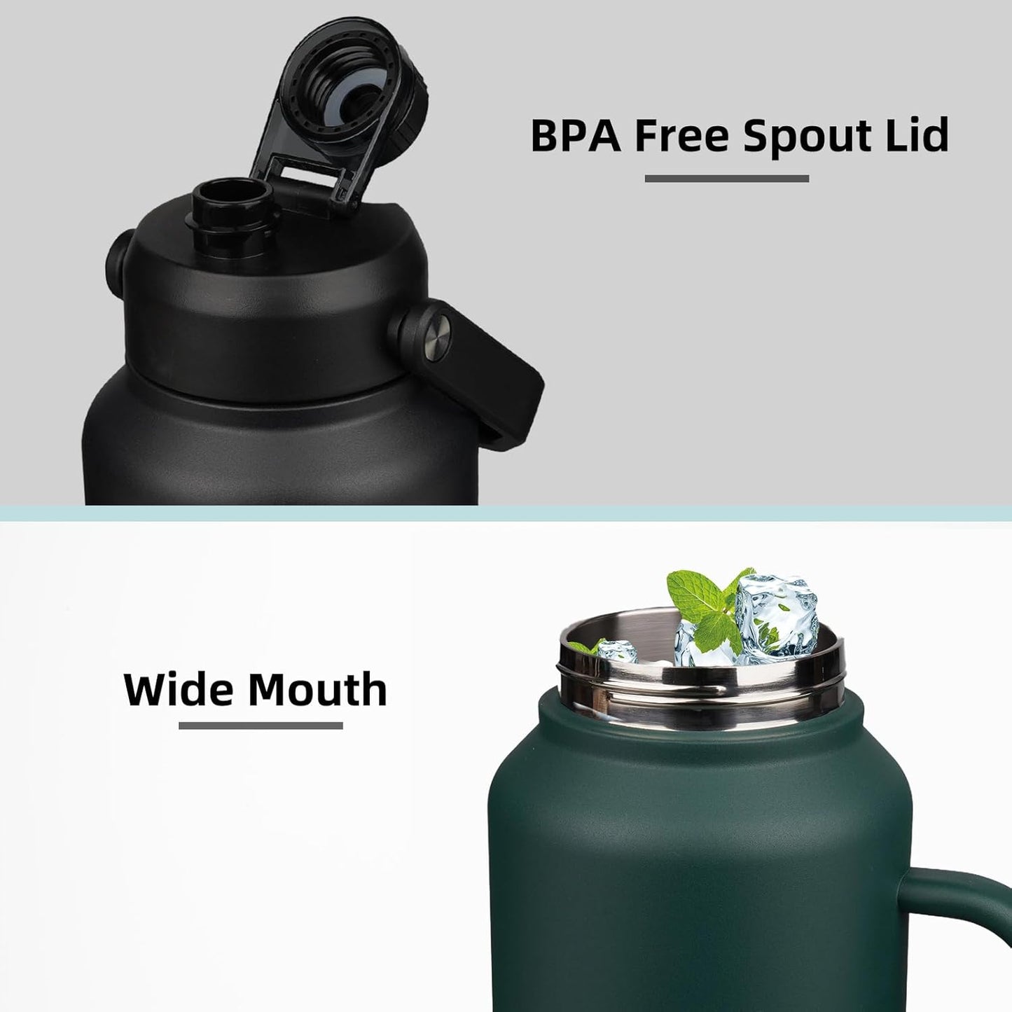 BJPKPK 64oz Insulated Water Bottle with Handle, Large Dishwasher Safe Half Gallon Water Bottle, BPA Free Water Jug, Wide Mouth Metal Water Bottle with Anti-slip Bottom, Army Green & Black