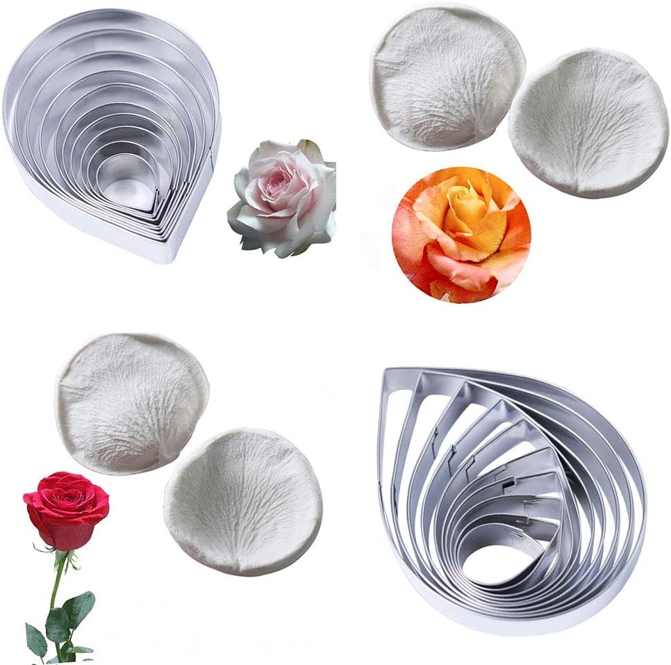 10 Pcs Austin Rose Cutter Set and 2 Pcs Rose Petals Shape Silicone Fondant Mold Veining Petal Sugar Flower Making Tool Cake Decorating Gumpaste Flowers Decor Kit