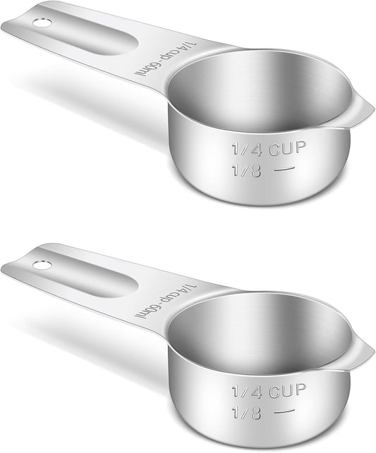 2PCS 1/4Cup (60ml, 2oz) Single Measuring Cup, Stainless Steel Measure Scoop, Metric and US Measurement, Heavy Duty, Dishwasher Safe