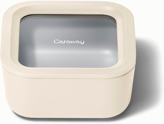 Caraway Glass 4.4 Cup Food Container - Ceramic Coated for Nonstick Storage with Glass Lids - Dishwasher, Oven & Microwave Safe