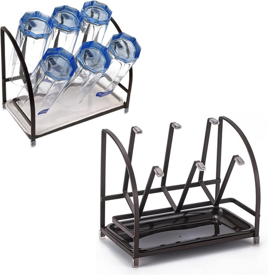 RHBLME 2 Packs Glass Drying Rack, Vertical Bottle Drying Rack Glass Bottle Holder with Drain Tray, Silicone Protective Hooks, Carbon Steel Non Slip Cup Mug Organizer for Glass Coffee Mug Countertop