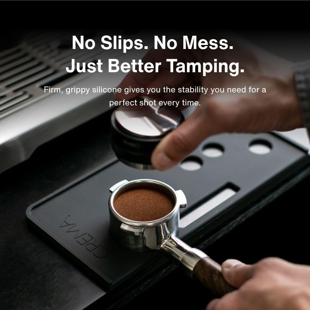 Crema Coffee Products Tamping Mat for Dual Boiler | Non-Slip Silicone Protection for Countertops & Portafilters | Precision Fit with Drip Tray & Vent Holes |Easy to Clean, Durable Espresso Tamping Pad
