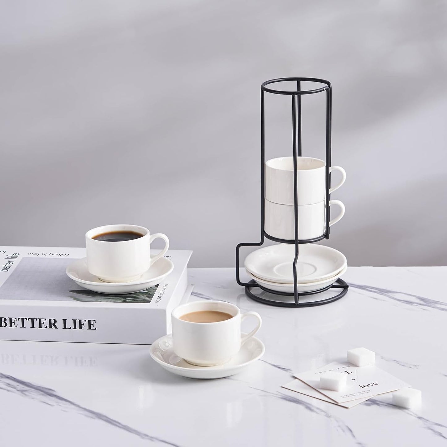 YOLIFE 2.5oz Porcelain Stackable Espresso Cups with Saucers and Metal Stand Set of 4, Stackable Cappuccino Cups, White Expresso Shots Cup Set for Coffee Drinks, Latte, Tea