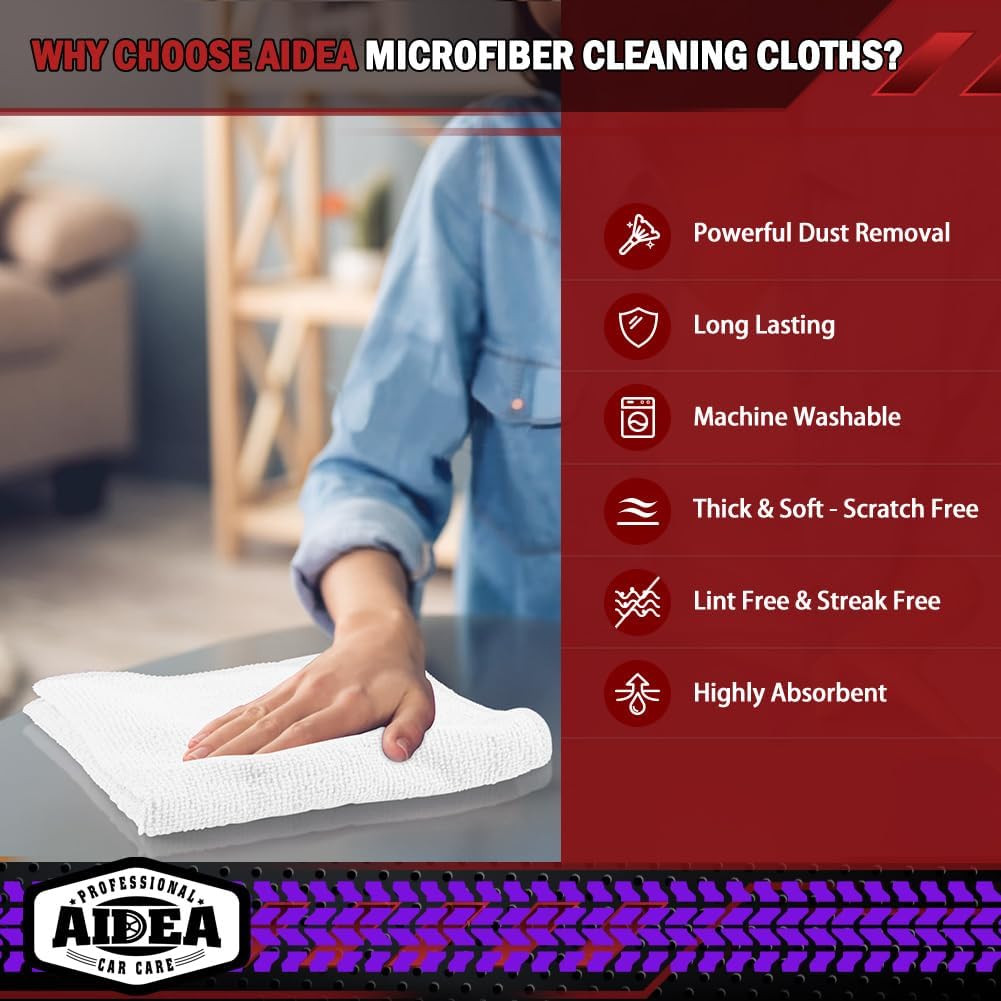AIDEA Microfiber Cleaning Cloth White 50PK, Microfiber Towels for Cars, Premium Car Cloths, Dusting Cloth Lint Free Cleaning Rags for SUVs, House, Kitchen, Window, Workshops,12×12"