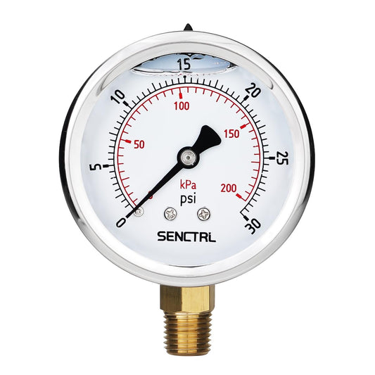 SENCTRL 0-30 PSI Glycerin Liquid Filled Low Pressure Gauge, 2.5" Dial Size, 1/4 NPT, Stainless Steel Case, Lower Mount, for Water Oil Air Pressure Test