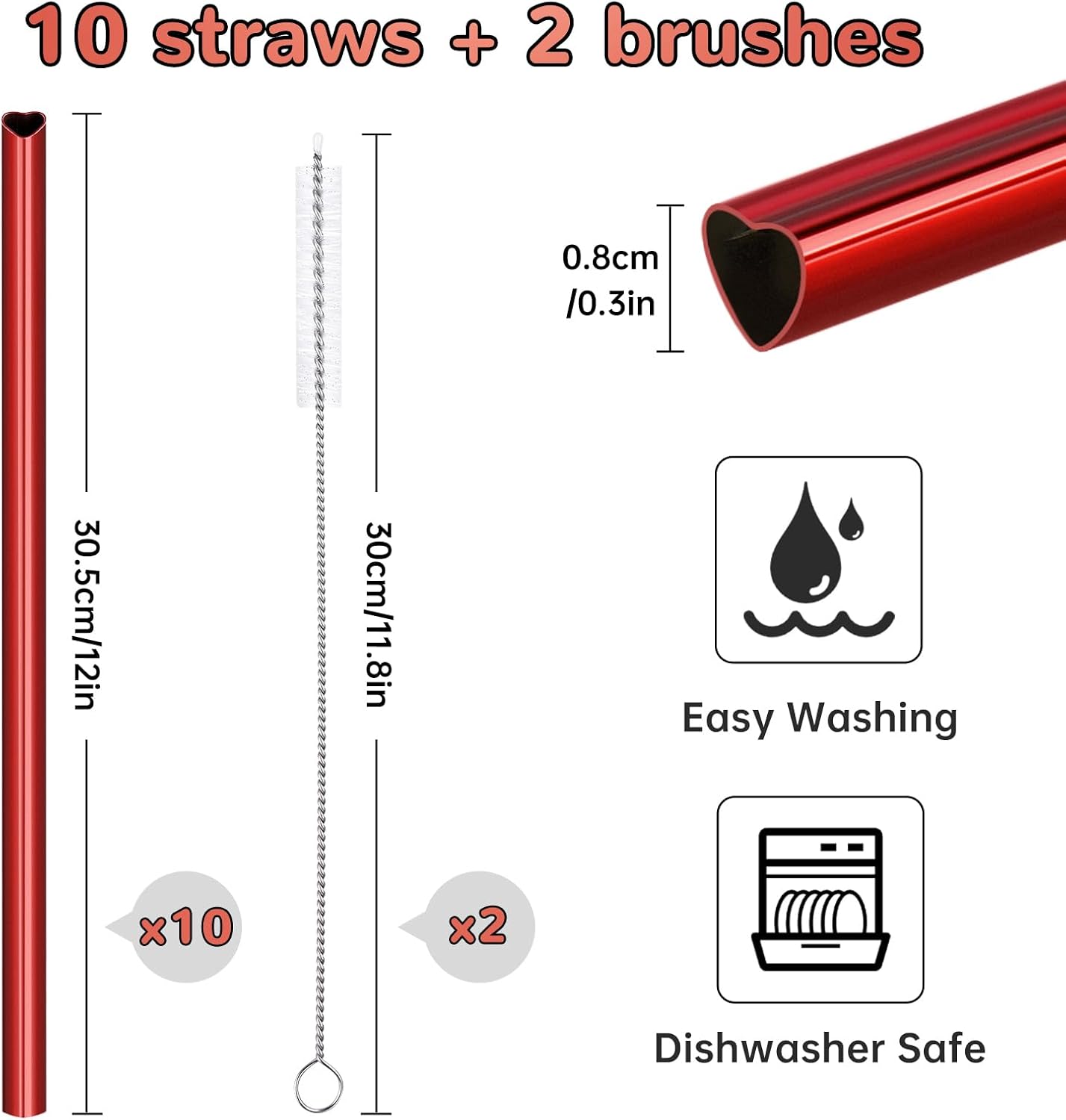 NiHome 10-Pack Heart-Shaped Stainless Steel Drinking Straws with 2 Cleaning Brushes, 12" Long Reusable Straws for Stanley Tumbler 30oz 40oz, Dishwasher Safe, Safe Edges for Kids (Pearl Red)