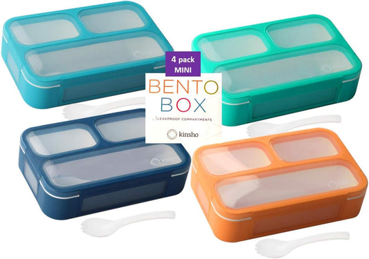 kinsho Snack Containers - SMALL Bento Lunch Boxes for Kids Girls Boys | MINI Leak-proof Box, Portion Container for School | Blue Navy Aqua Orange 4 Pack