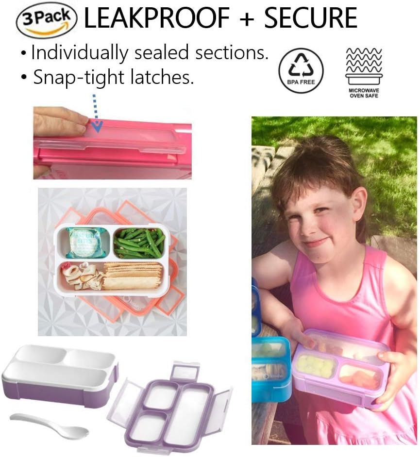 kinsho MINI Lunch-Box Snack Containers for Kids | SMALL Bento-Box Portion Container | Toddler Pre-School | Leak-proof Boxes for Work, Travel | Best for Adults Boys Girls | Pink Purple, Coral 3 pack