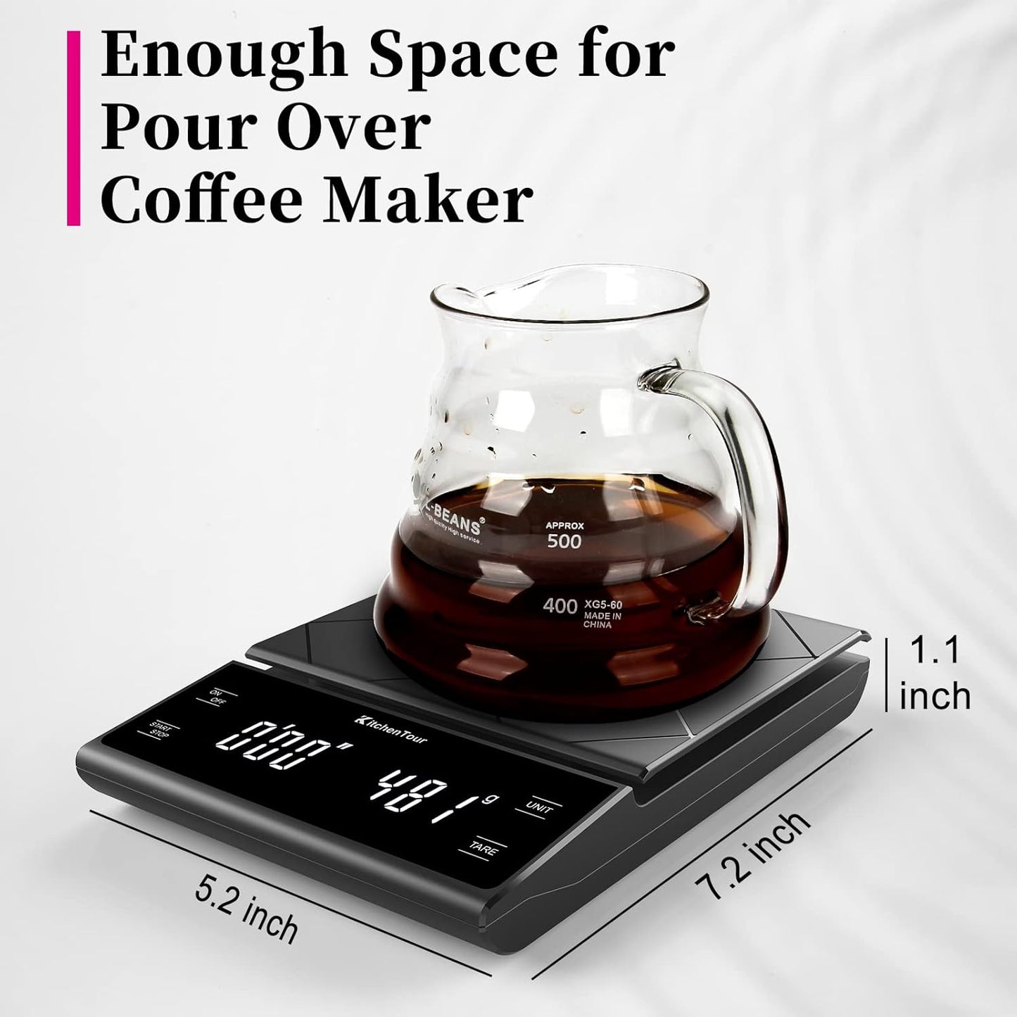 KitchenTour Coffee Scale with Timer - Digital Multifunction Weighing Scale with 3kg/0.1g High Precision - Pour Over Drip - Espresso Scale with Bright LCD Display (Batteries Included)-Black