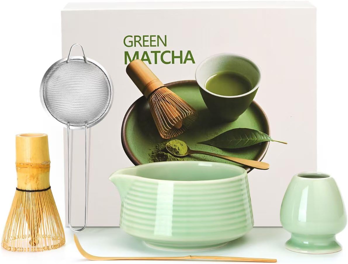 Matcha Whisk Set, Matcha Bowl with Spout, Matcha Whisk and Holder, Bamboo Scoop and Stainless Sifter - 5 Pcs Jade Green Matcha Kit for Matcha Lover