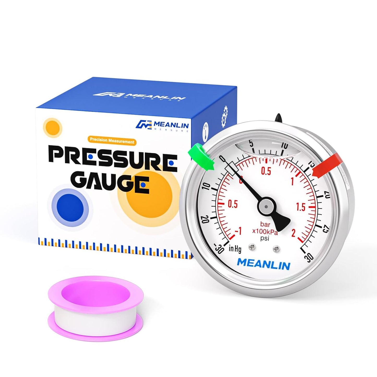 MEANLIN MEASURE -30inHG~30Psi Vacuum Pressure Gauge 1/8" NPT 2.5" FACE DIAL, Stainless Steel Liquid Filled Pressure Gauge WOG Water Oil Air Center Back Mount (with 2PCS Snaps)