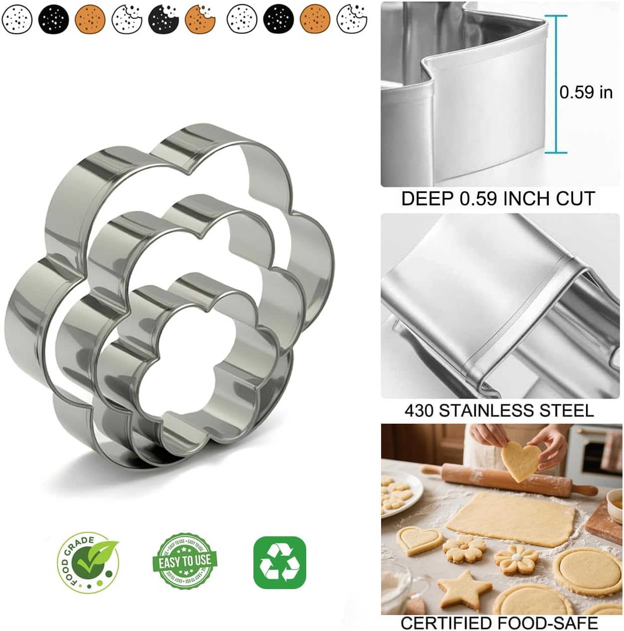 Stainless Steel Cookie Cutters Set 12Pcs - Heart, Flower, Round, Five Star Shapes - Small to Mini Size, Metal Biscuit Cutter Molds for Baking or Holiday Party Decorations