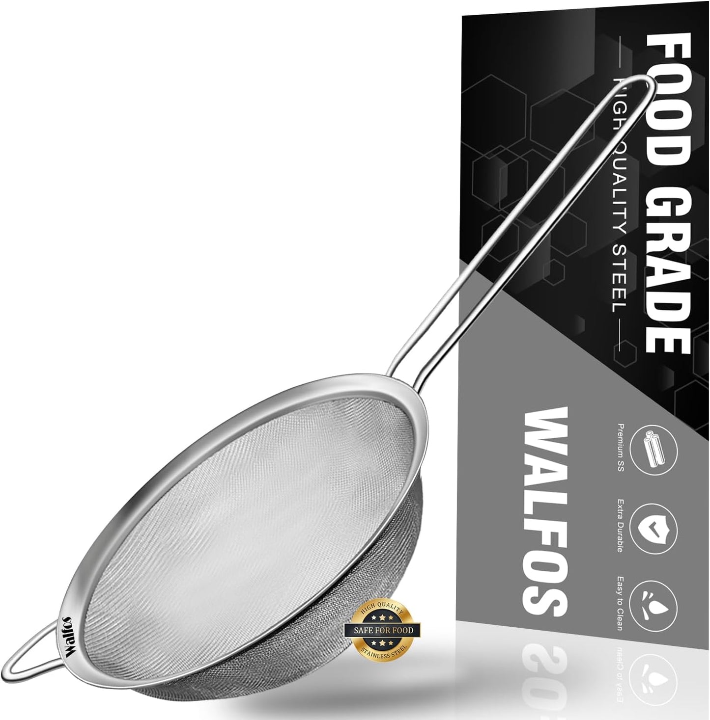 Walfos 4.7 Inch Fine Mesh Strainer, Premium Stainless Steel Colanders and Sifters, with Reinforced Frame and Sturdy Handle, Perfect for Sift, Strain, Drain and Rinse Vegetables, Pastas and Tea