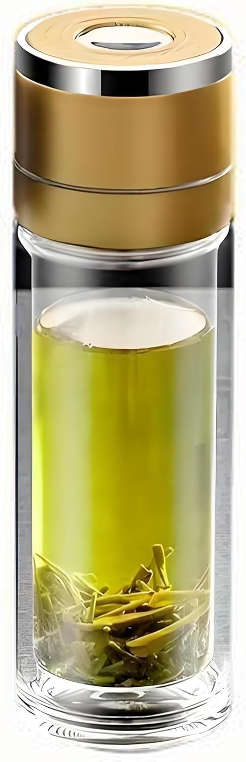 Glass Water Bottle Fits in Car Cup Holder, 14 oz Double Wall Borosilicate Glass Tea Infuser Bottle, One Handed One Key Lid Opening, for Car, Home, Office