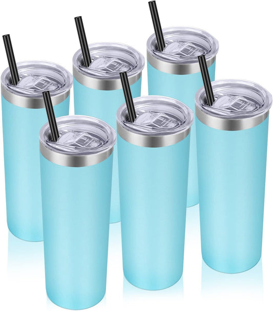 VEGOND Stainless Steel Tumblers Bulk 6 Pack, 20 oz Vacuum Insulated Skinny Tumblers with Lid and Straw, Double Wall Coffee Mug, Travel Water Cup, Blue