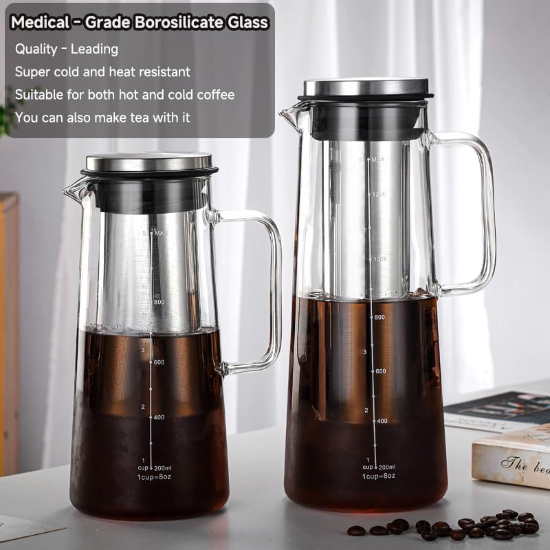 Cold Brew Coffee Maker Borosilicate Glass with 304 Stainless Steel Filter, Tea Infuser Ice Cold Brew Pitcher Kitchen, with Spout Kitchen Iced (34oz (1.0 L))
