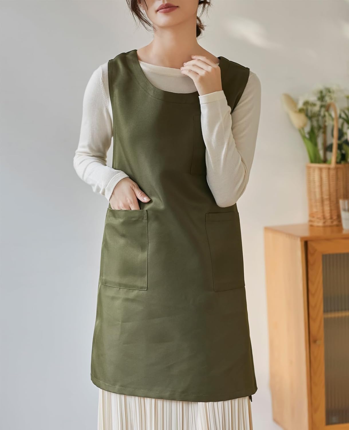 Women Cobbler Apron Japanese Style Aprons with 3 Pockets for Work Chef Kitchen