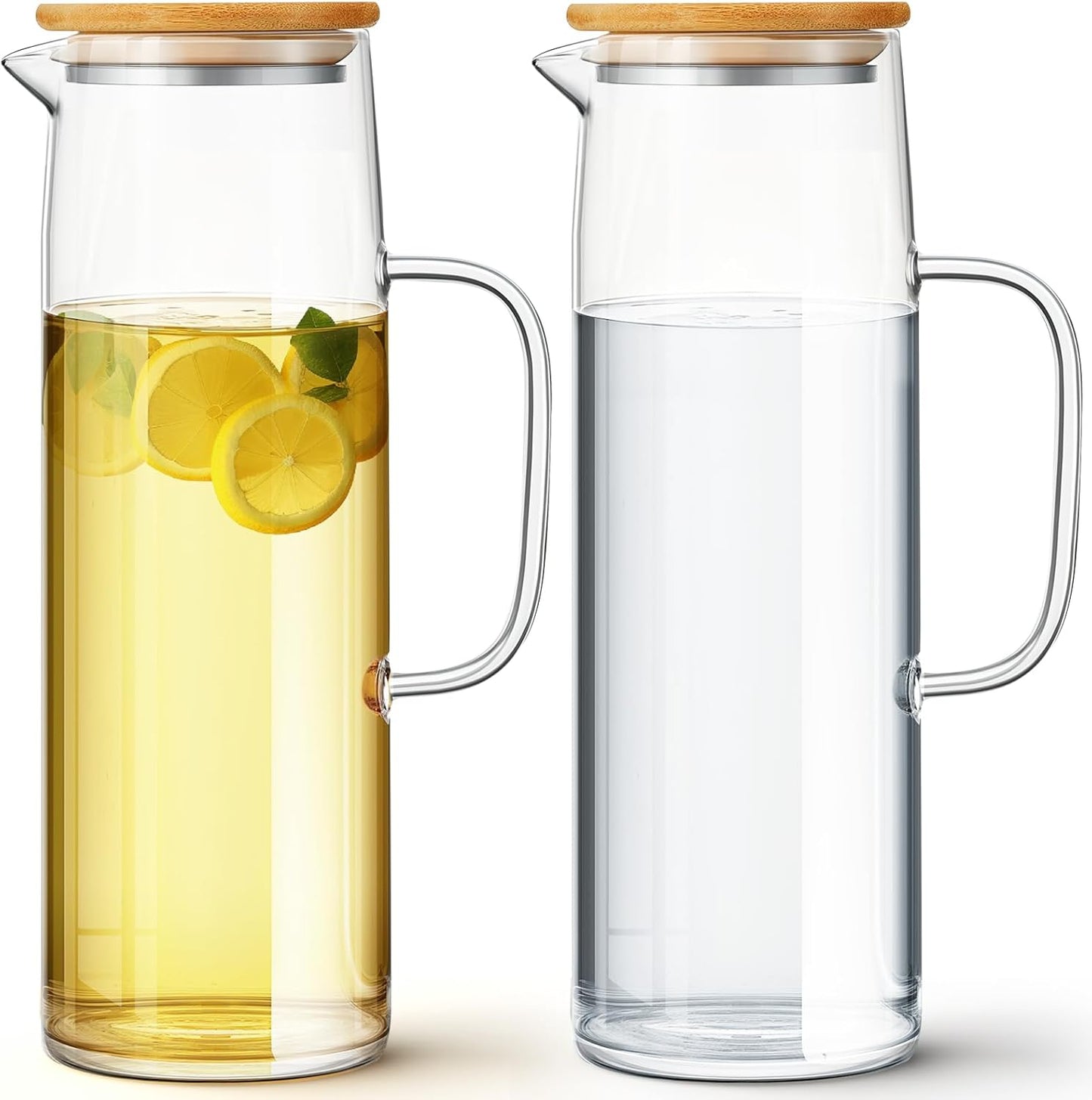 Hsei 2 Sets Glass Pitcher with Lid, 50 oz / 1500 ml Water Carafe with Handles Hot Cold Beverage Water Jar Glass Jug for Tea Juice Milk Coffee Iced Beverage