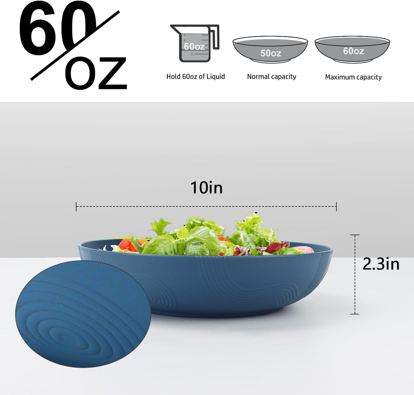 Homienly Large Wheat Straw Salad Bowls - Set of 6, 65 OZ, 10 Inch, Microwave & Dishwasher Safe - Navy Blue