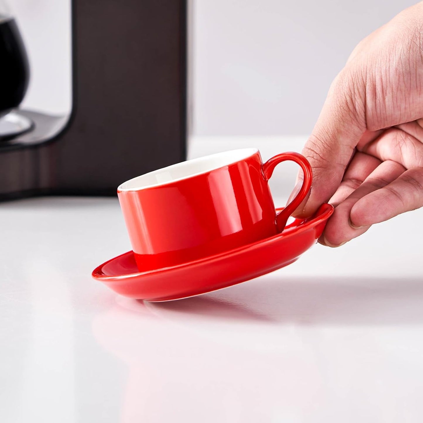 4oz Porcelain Stackable Espresso Cups with Saucers and Metal Stand Set of 4, Stackable Cappuccino Cups, Red Expresso Shots Cup Set for Coffee Drinks, Latte, Americano, Tea