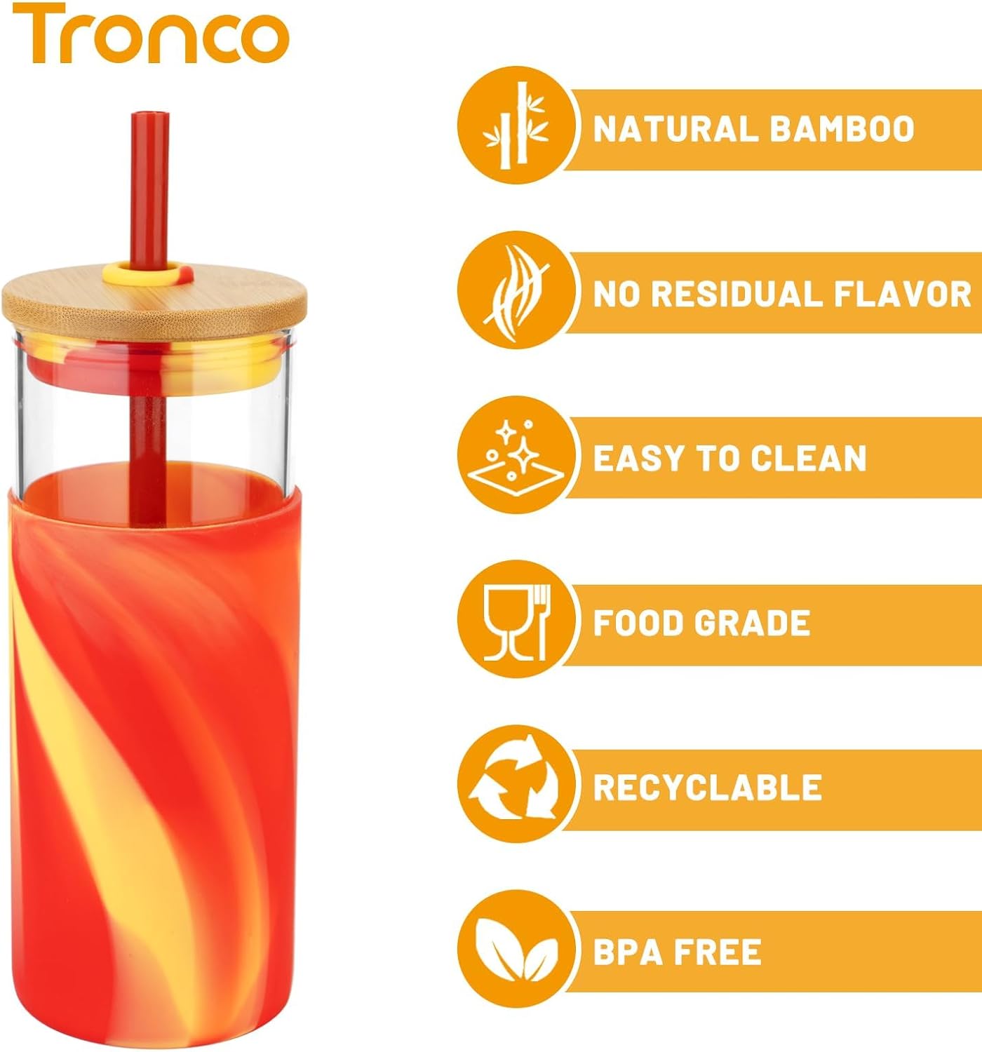 Tronco 24 oz Glass Tumbler with Straw and Lid - Glass Cup with Lid and Straw, Smoothie Cup, Iced Coffee Cup - Bamboo Lid and Protective Silicone Sleeve - BPA-Free