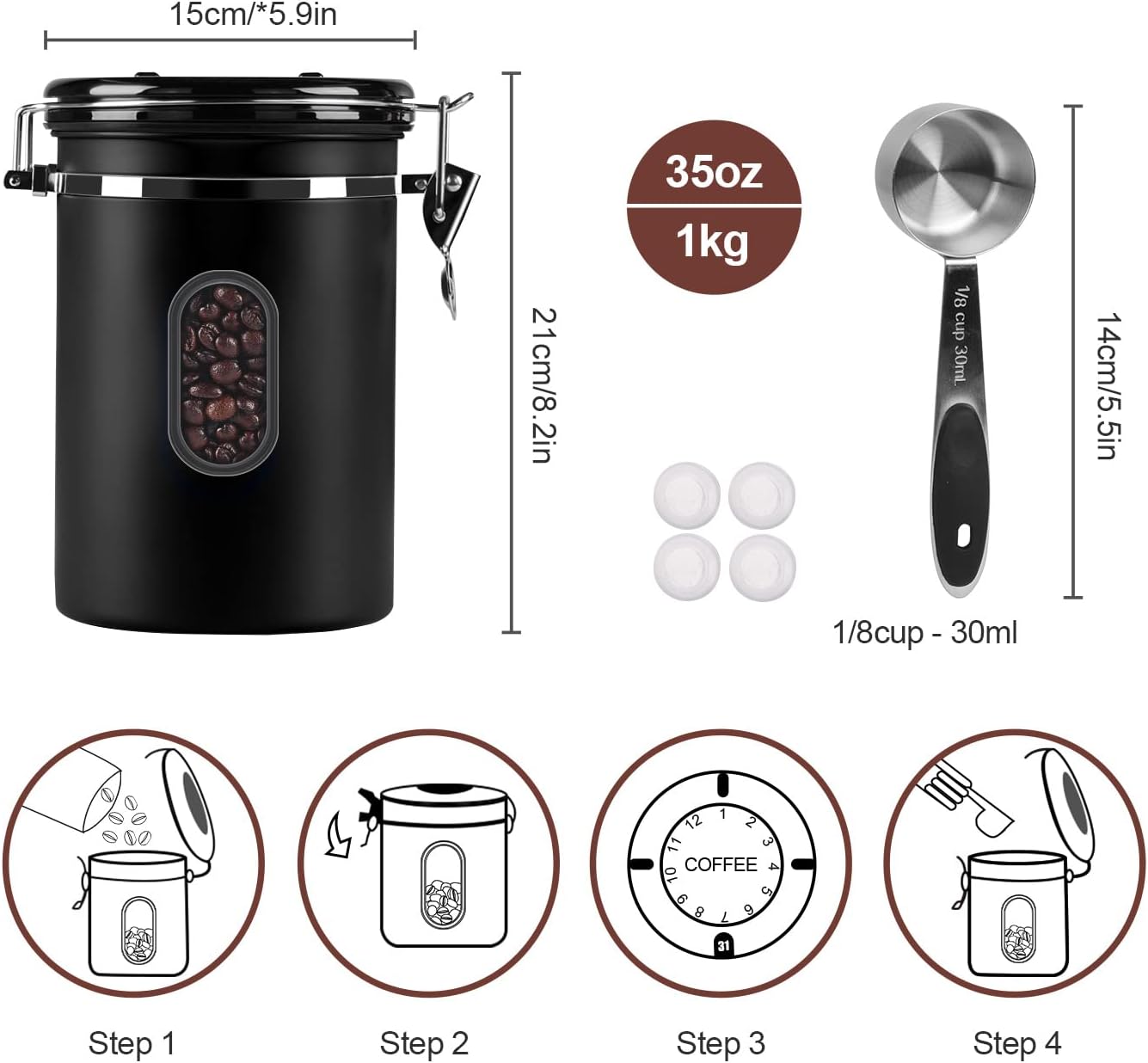 ROCKY&CHAO 2800ML Coffee Canister with Date Tracker&Transparent Window, 35OZ Coffee Container with 30ML Measure Spoon&4 co2 Valve, Coffee Bean Storage Container for Grounds Coffee, Beans, Tea(Black)